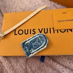 Authentic Louis Vuitton Blue Denim Luggage Tag with Box and Dust Bag